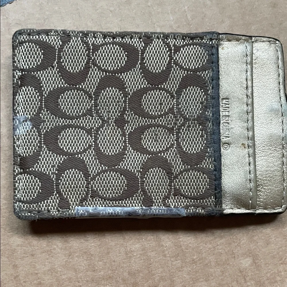 Coach Brown Signature Canvas Lanyard ID Holder with Metallic Trim - Picture 3 of 5